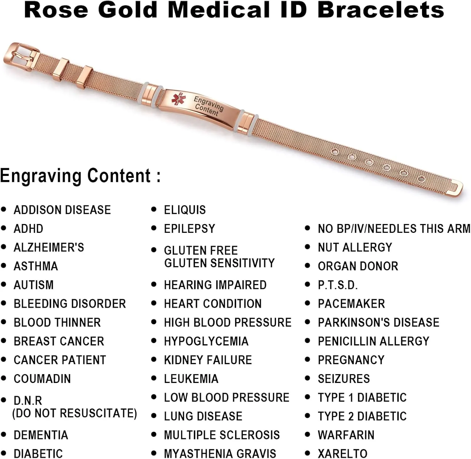 Rose Gold Red Medical Alert ID Bracelet for Women Men's Emergency First Aid Health Alert Laser Engraved Satinless Steel Adjustable Wristband Bracelets
