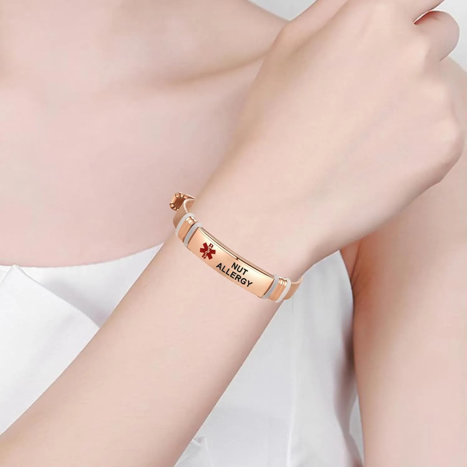 Rose Gold Red Medical Alert ID Bracelet for Women Men's Emergency First Aid Health Alert Laser Engraved Satinless Steel Adjustable Wristband Bracelets