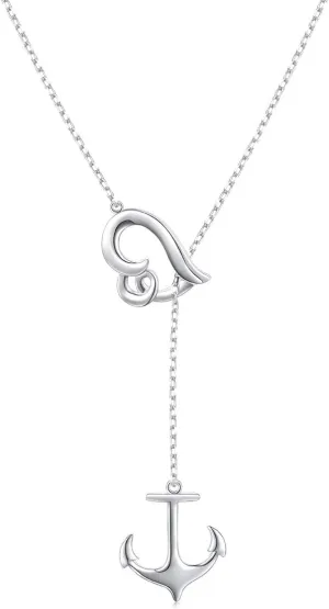 S925 Sterling Silver Anchor and Waves Lariat Y Shaped Necklace for Women Adjustable Beach Jewelry Gift