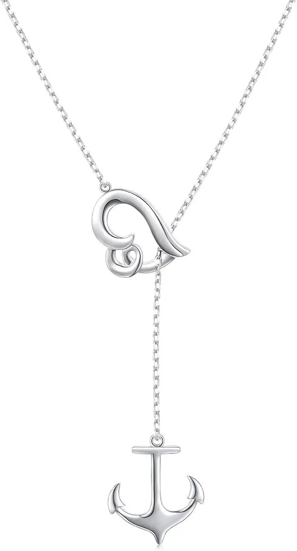 S925 Sterling Silver Anchor and Waves Lariat Y Shaped Necklace for Women Adjustable Beach Jewelry Gift