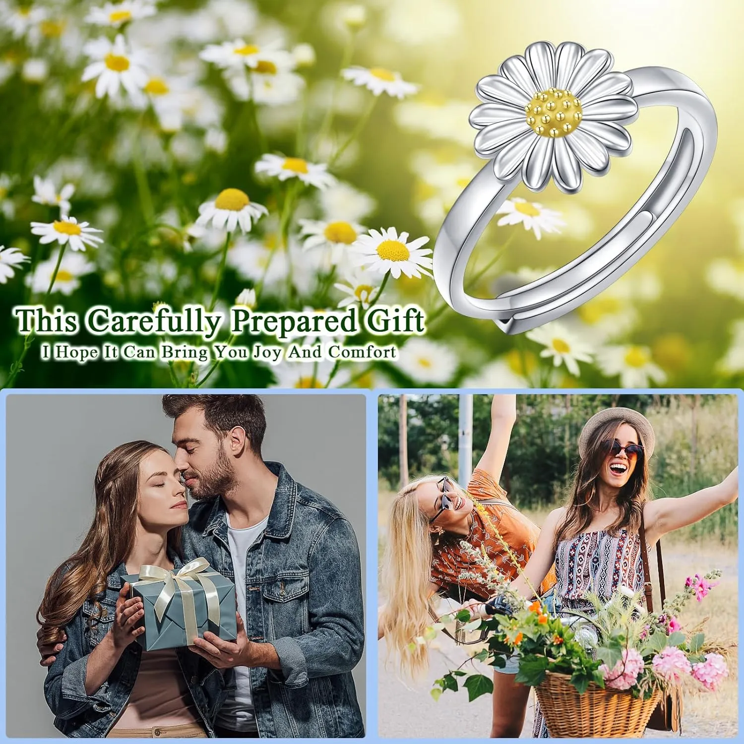S925 Sterling Silver Floral Jewelry Flower Edelweiss/Daisy Ring for Women Birthday Gift