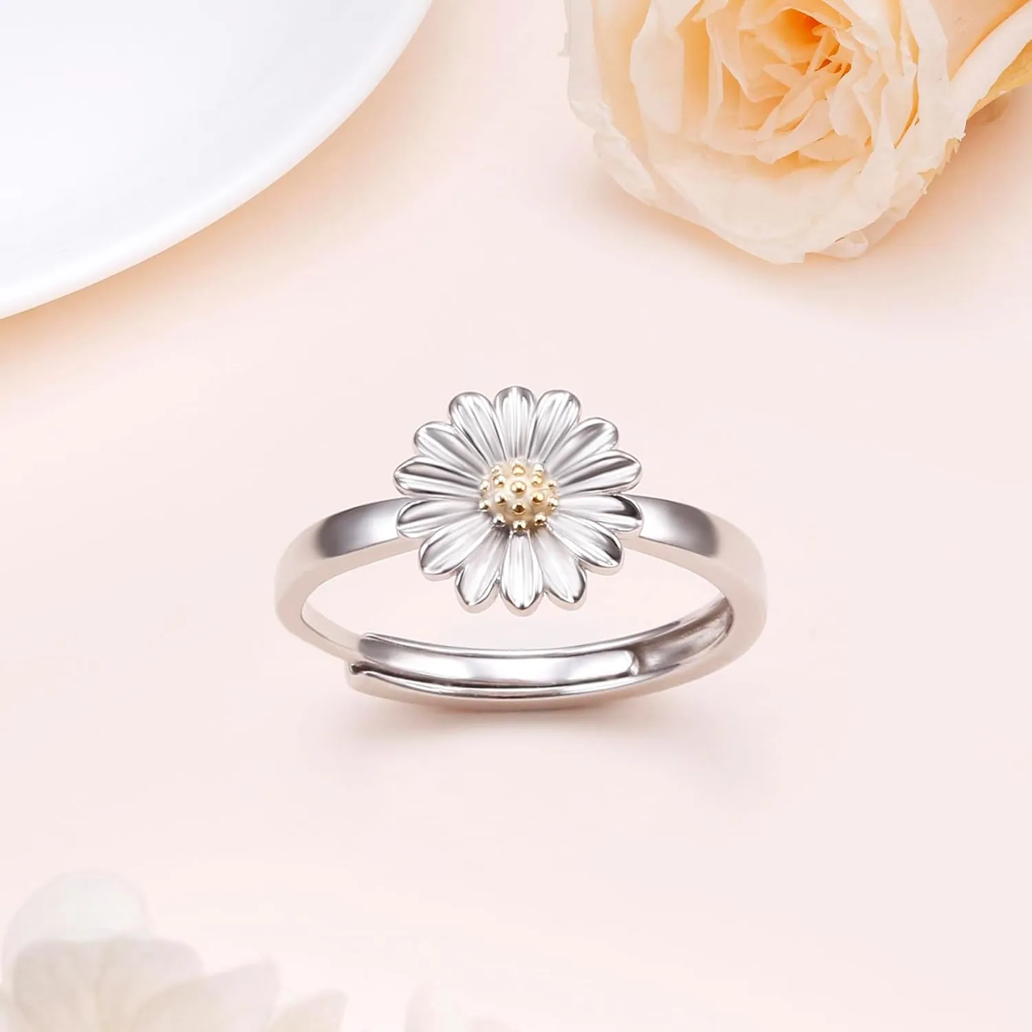 S925 Sterling Silver Floral Jewelry Flower Edelweiss/Daisy Ring for Women Birthday Gift