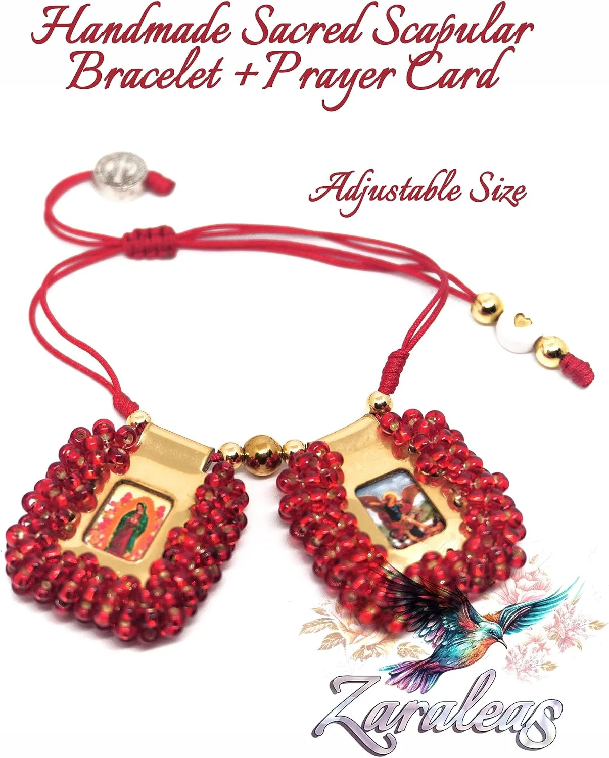Sacred Scapular Bracelet Handmade Crystal Bead Stone Wristband of Sacred Heart of Jesus, Holy Virgin of Carmen, St. Michael Archangel. 2,5cm x 3cm by Zaraleas