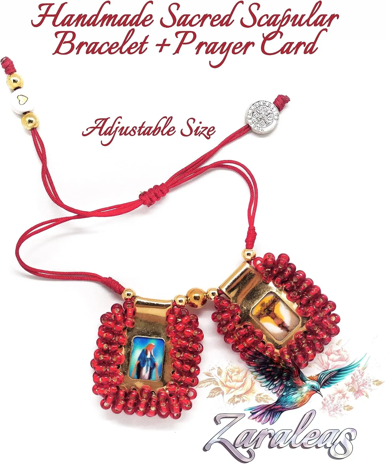 Sacred Scapular Bracelet Handmade Crystal Bead Stone Wristband of Sacred Heart of Jesus, Holy Virgin of Carmen, St. Michael Archangel. 2,5cm x 3cm by Zaraleas
