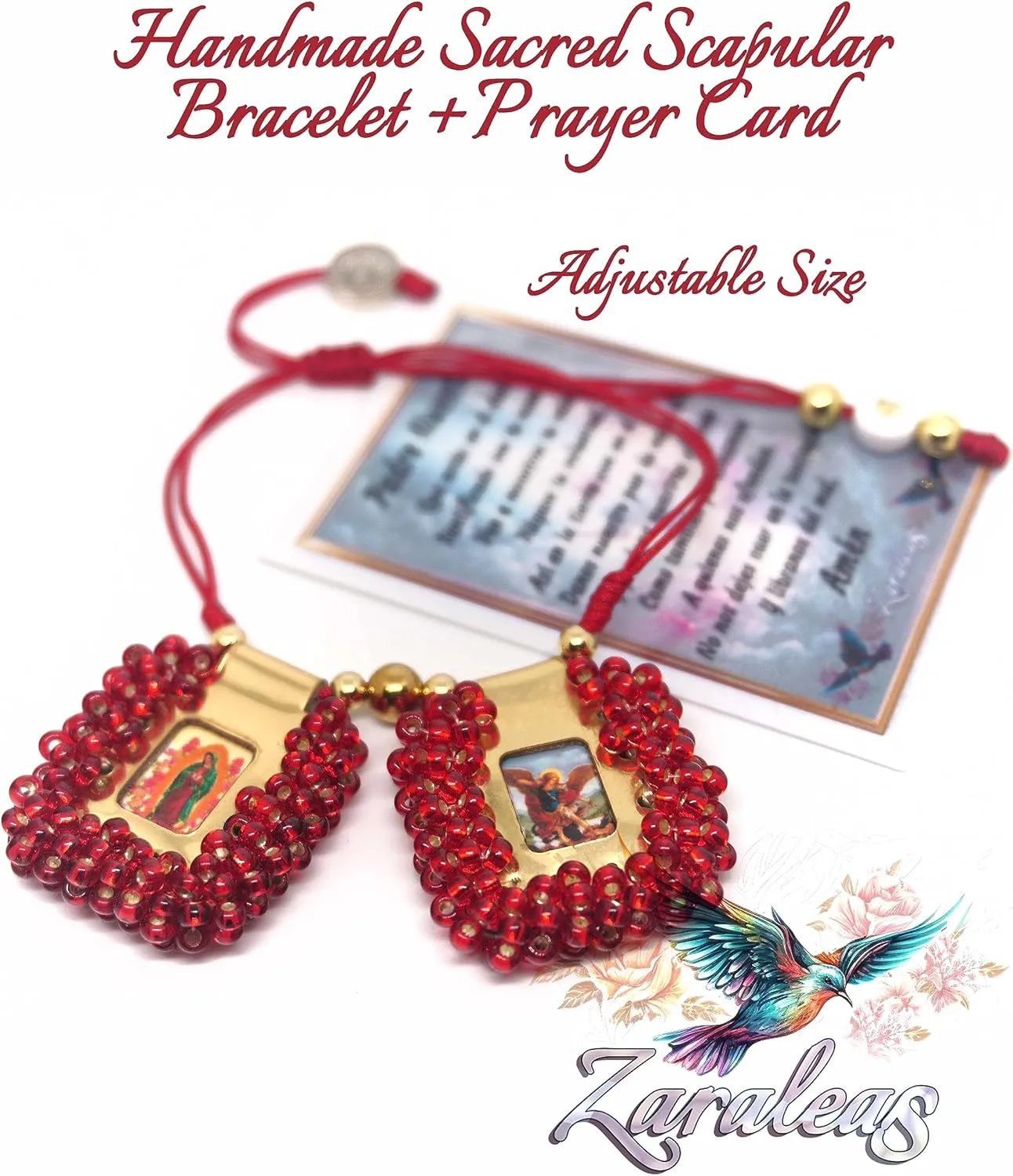 Sacred Scapular Bracelet Handmade Crystal Bead Stone Wristband of Sacred Heart of Jesus, Holy Virgin of Carmen, St. Michael Archangel. 2,5cm x 3cm by Zaraleas