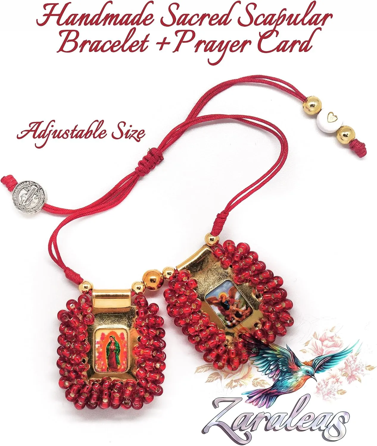 Sacred Scapular Bracelet Handmade Crystal Bead Stone Wristband of Sacred Heart of Jesus, Holy Virgin of Carmen, St. Michael Archangel. 2,5cm x 3cm by Zaraleas