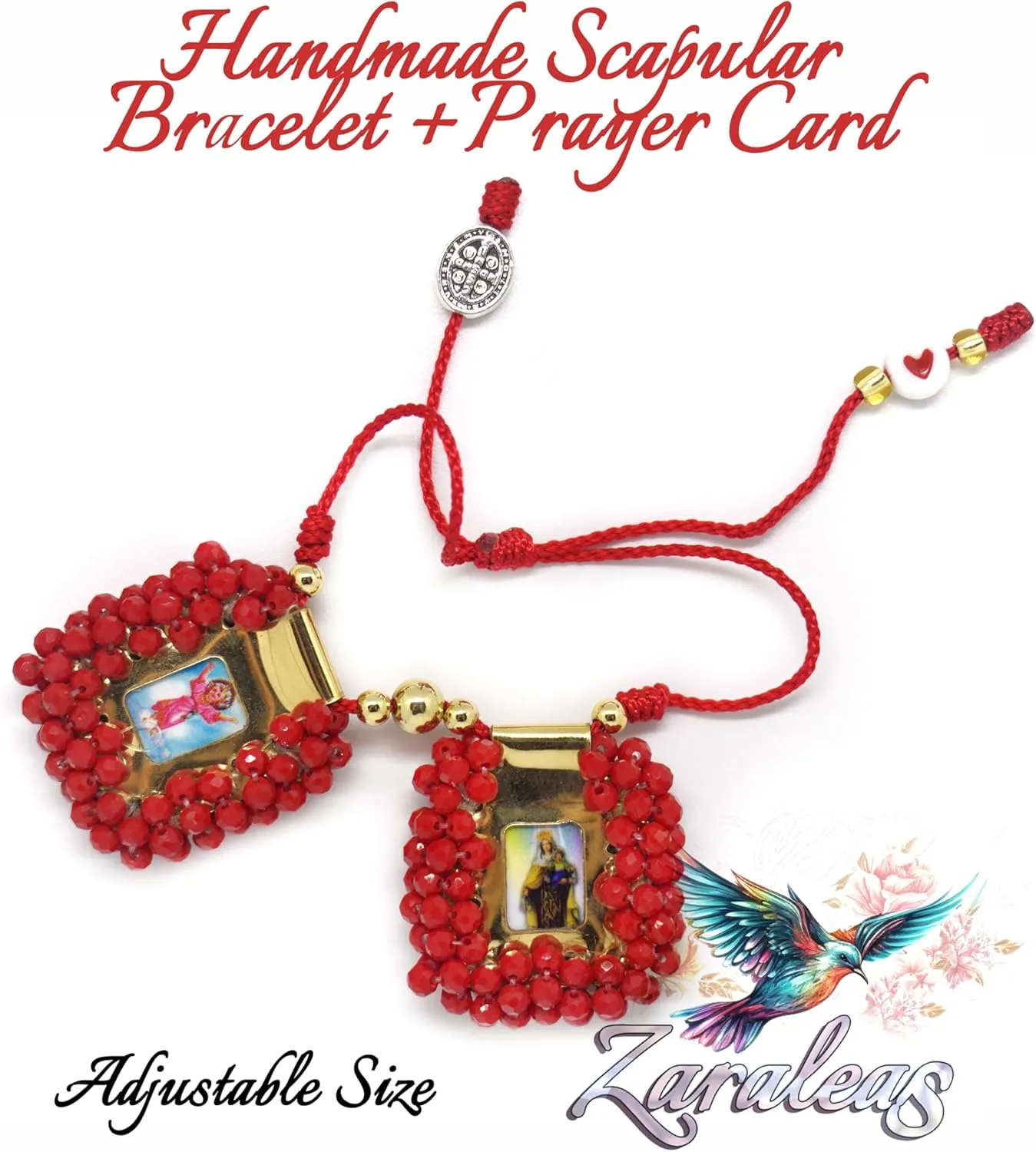 Sacred Scapular Bracelet Handmade Murano Stone Wristband of Sacred Heart of Jesus, Holy Virgin of Carmen, St. Michael Archangel. 3cm x 3cm by Zaraleas