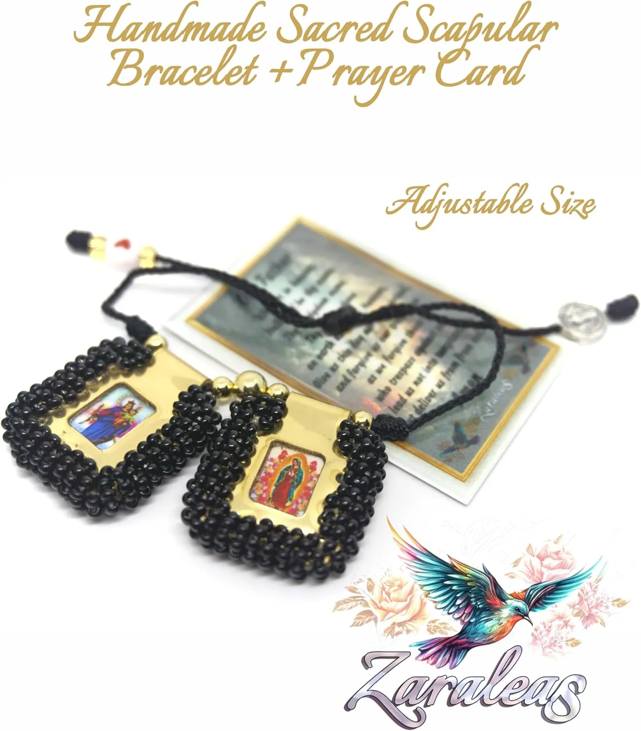 Sacred Scapular Bracelet Handmade Plain Bead Wristband of Sacred Heart of Jesus, Holy Virgin of Carmen, St. Michael Archangel. 2,5cm x 3cm by Zaraleas