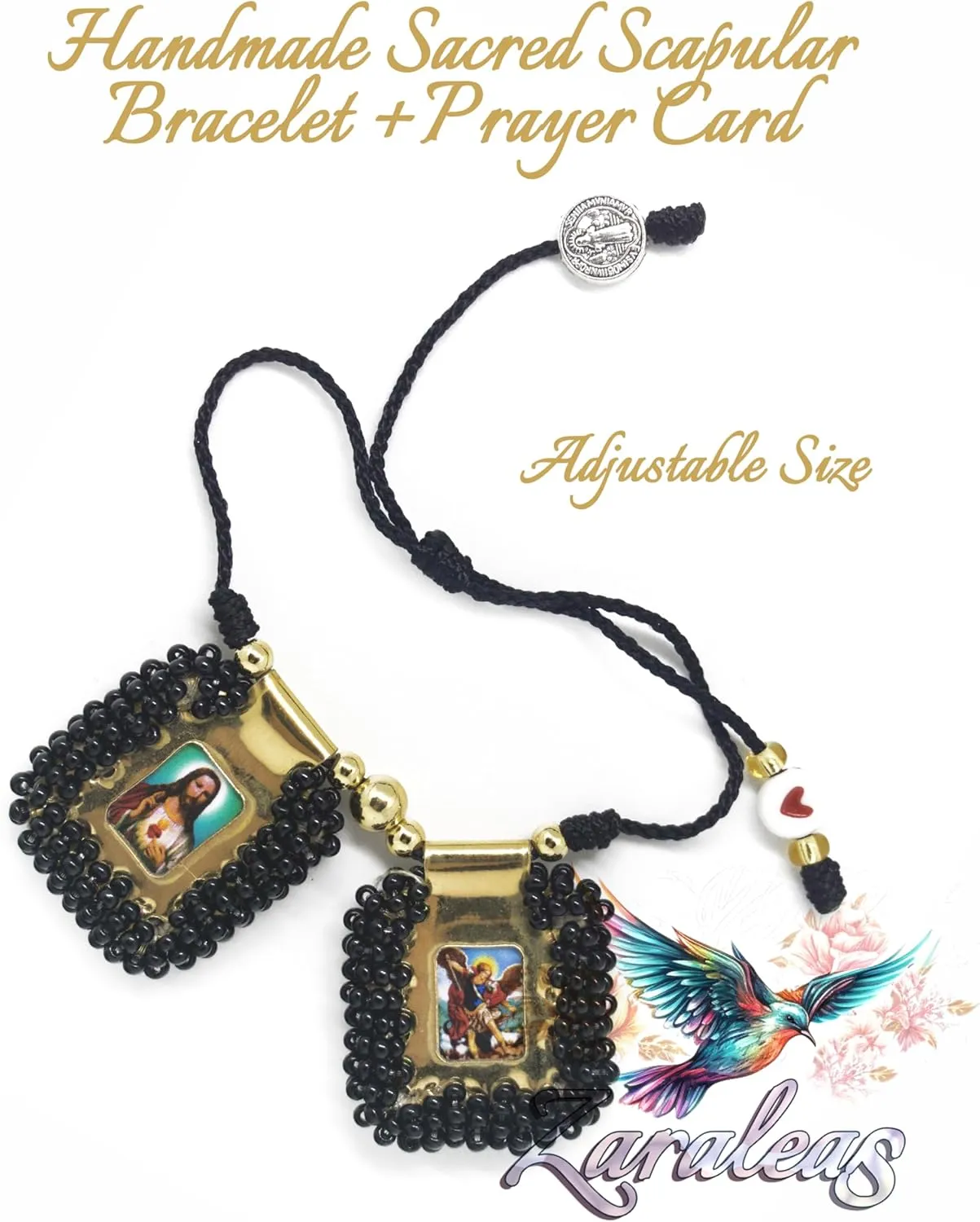Sacred Scapular Bracelet Handmade Plain Bead Wristband of Sacred Heart of Jesus, Holy Virgin of Carmen, St. Michael Archangel. 2,5cm x 3cm by Zaraleas