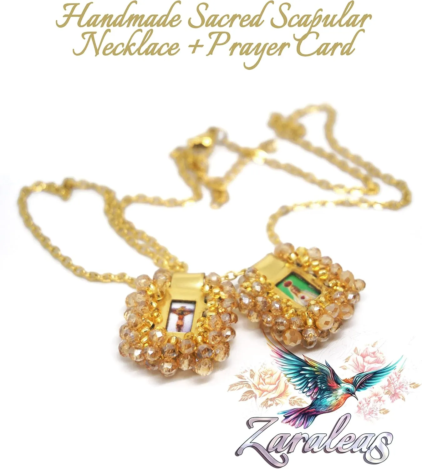 Sacred Scapular Necklace Handmade Murano Stone of Sacred Heart of Jesus, Holy Virgin of Carmen, St. Michael Archangel. 2cm x 2cm by Zaraleas