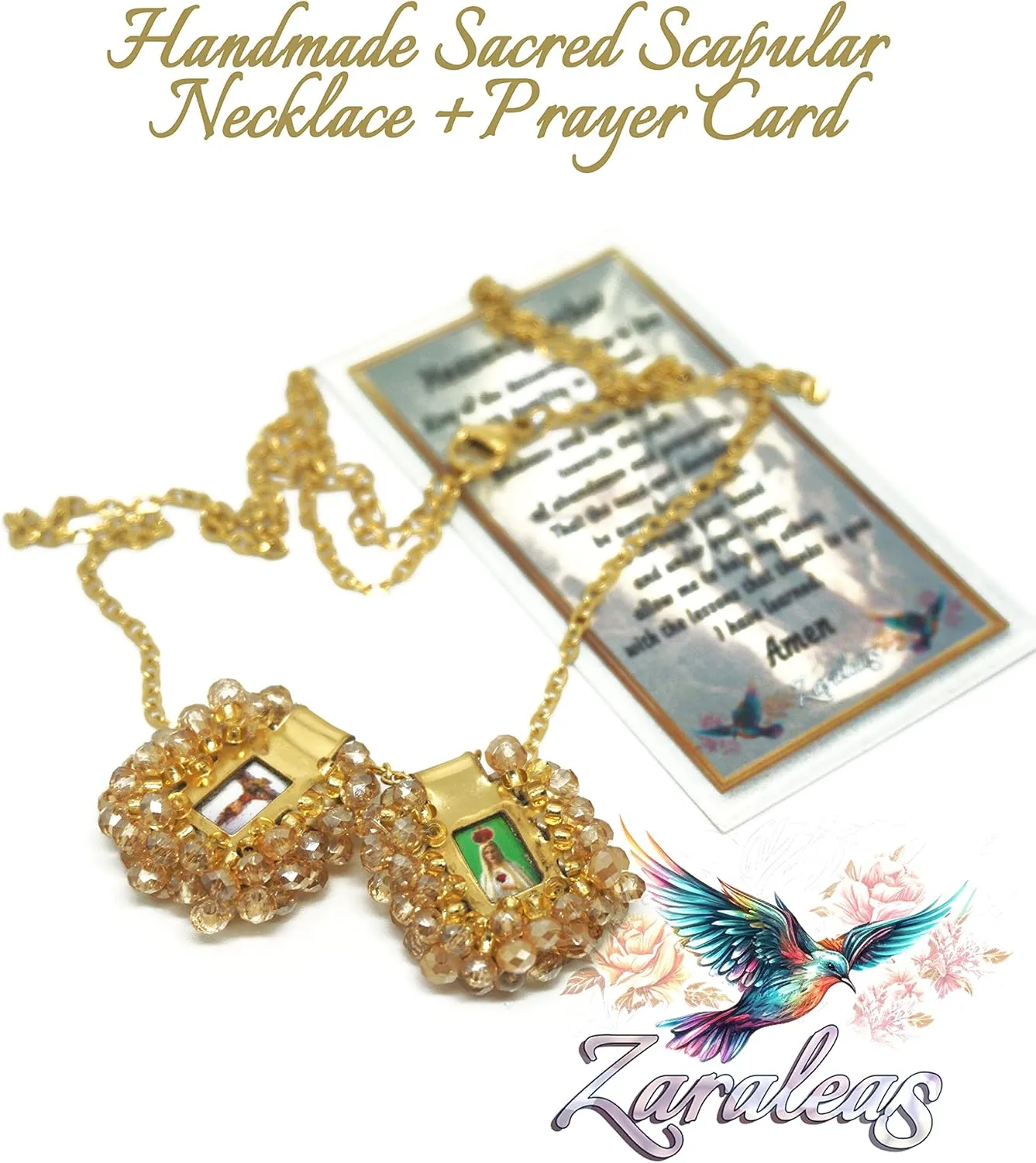 Sacred Scapular Necklace Handmade Murano Stone of Sacred Heart of Jesus, Holy Virgin of Carmen, St. Michael Archangel. 2cm x 2cm by Zaraleas