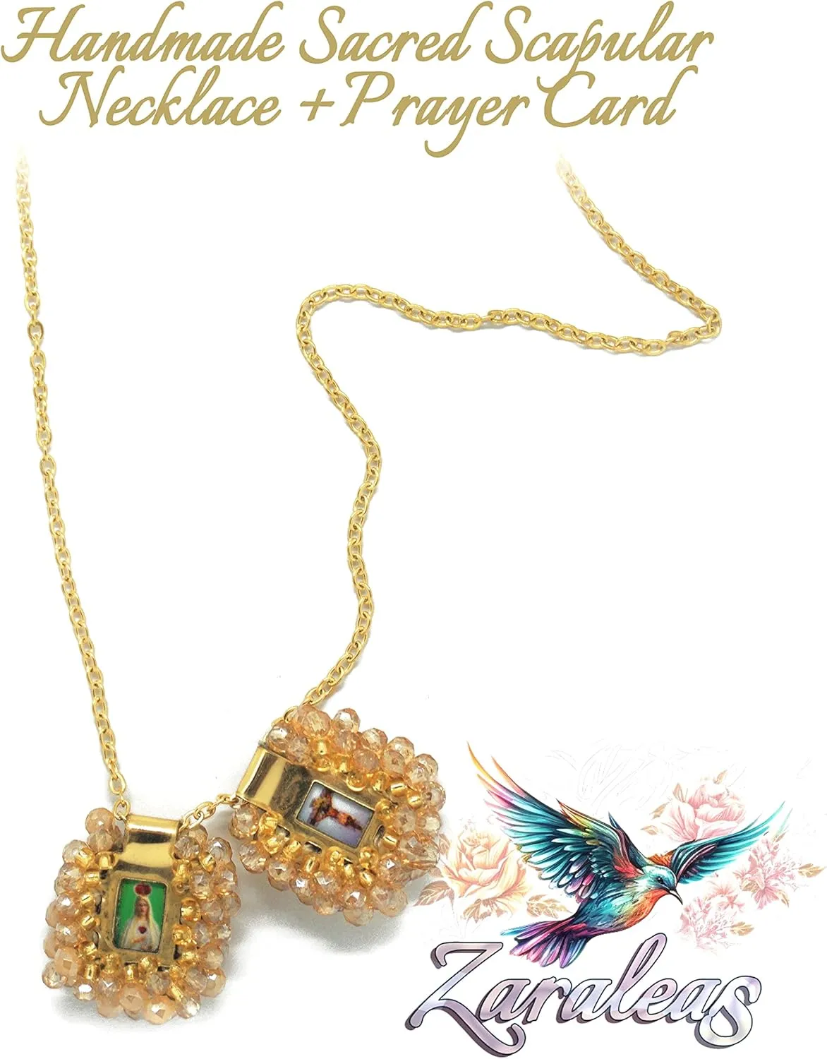Sacred Scapular Necklace Handmade Murano Stone of Sacred Heart of Jesus, Holy Virgin of Carmen, St. Michael Archangel. 2cm x 2cm by Zaraleas