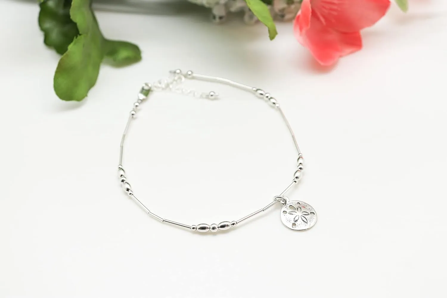 Sand Dollar Sterling Silver Anklet Beach Wedding Bridesmaid Gift Friend Nautical (Average 8 1/2" to 10")