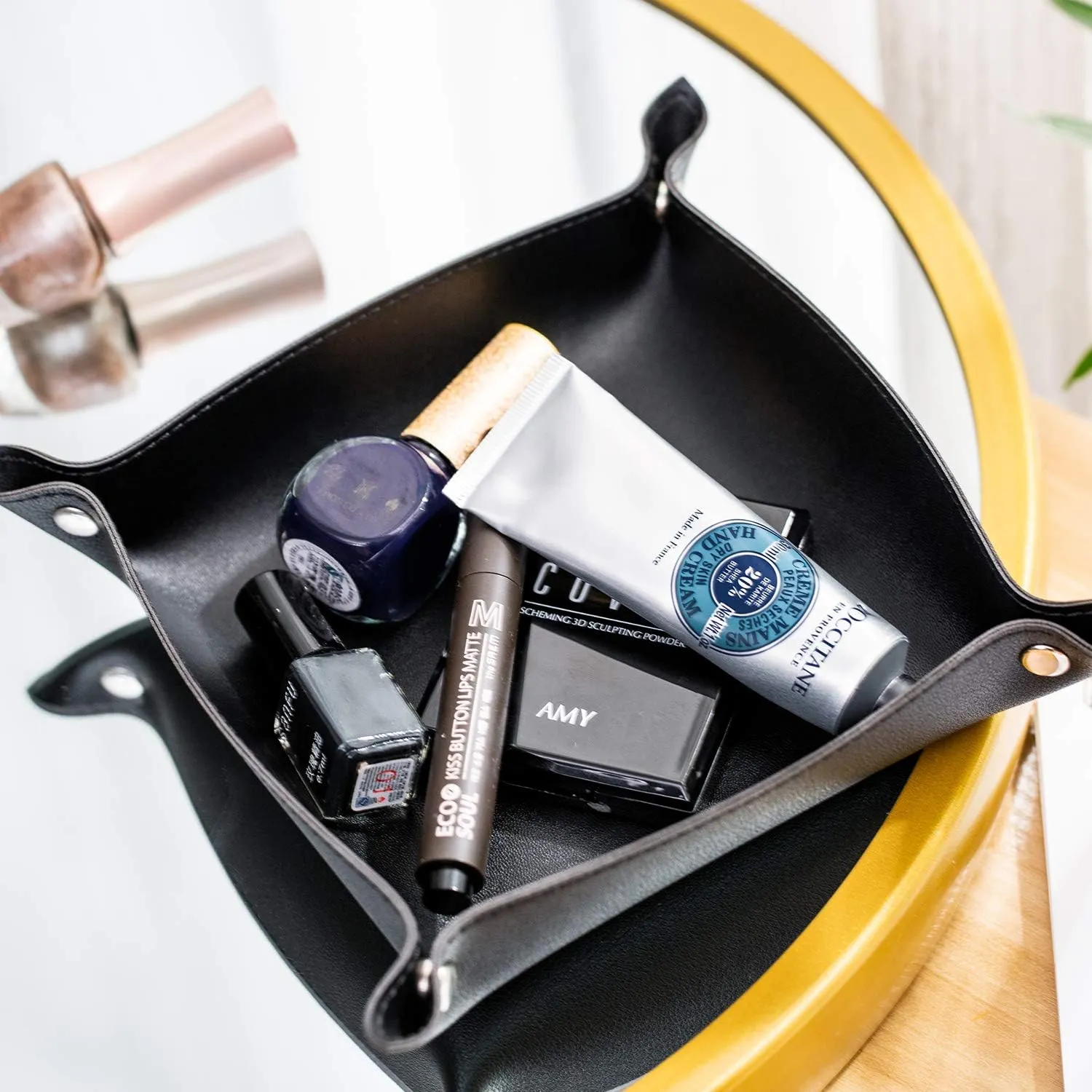 SANQIANWAN Leather Jewelry Valet Tray for Women and Man, Portable Entryway Table Tray Bedside Nightstand Desk Tray Small Catchall Travel Dish Plate for Key,Wallet,Watch,Coin (2PCs Black-B)