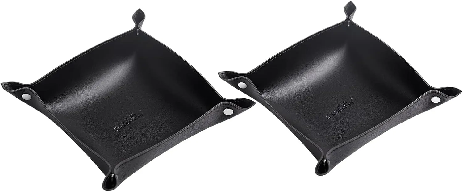 SANQIANWAN Leather Jewelry Valet Tray for Women and Man, Portable Entryway Table Tray Bedside Nightstand Desk Tray Small Catchall Travel Dish Plate for Key,Wallet,Watch,Coin (2PCs Black-B)