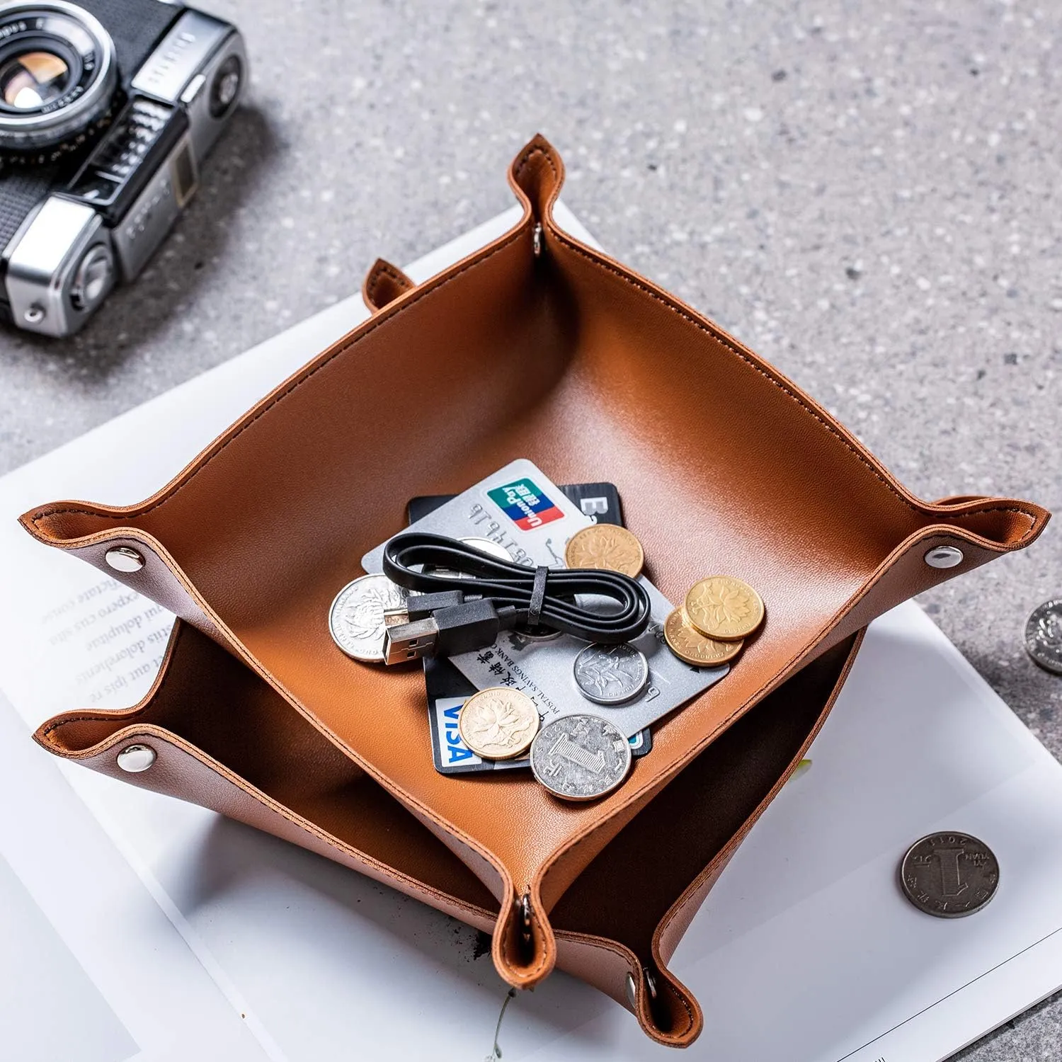 SANQIANWAN Leather Jewelry Valet Tray for Women and Man, Portable Entryway Table Tray Bedside Nightstand Desk Tray Small Catchall Travel Dish Plate for Key,Wallet,Watch,Coin (2PCs Brown-B)