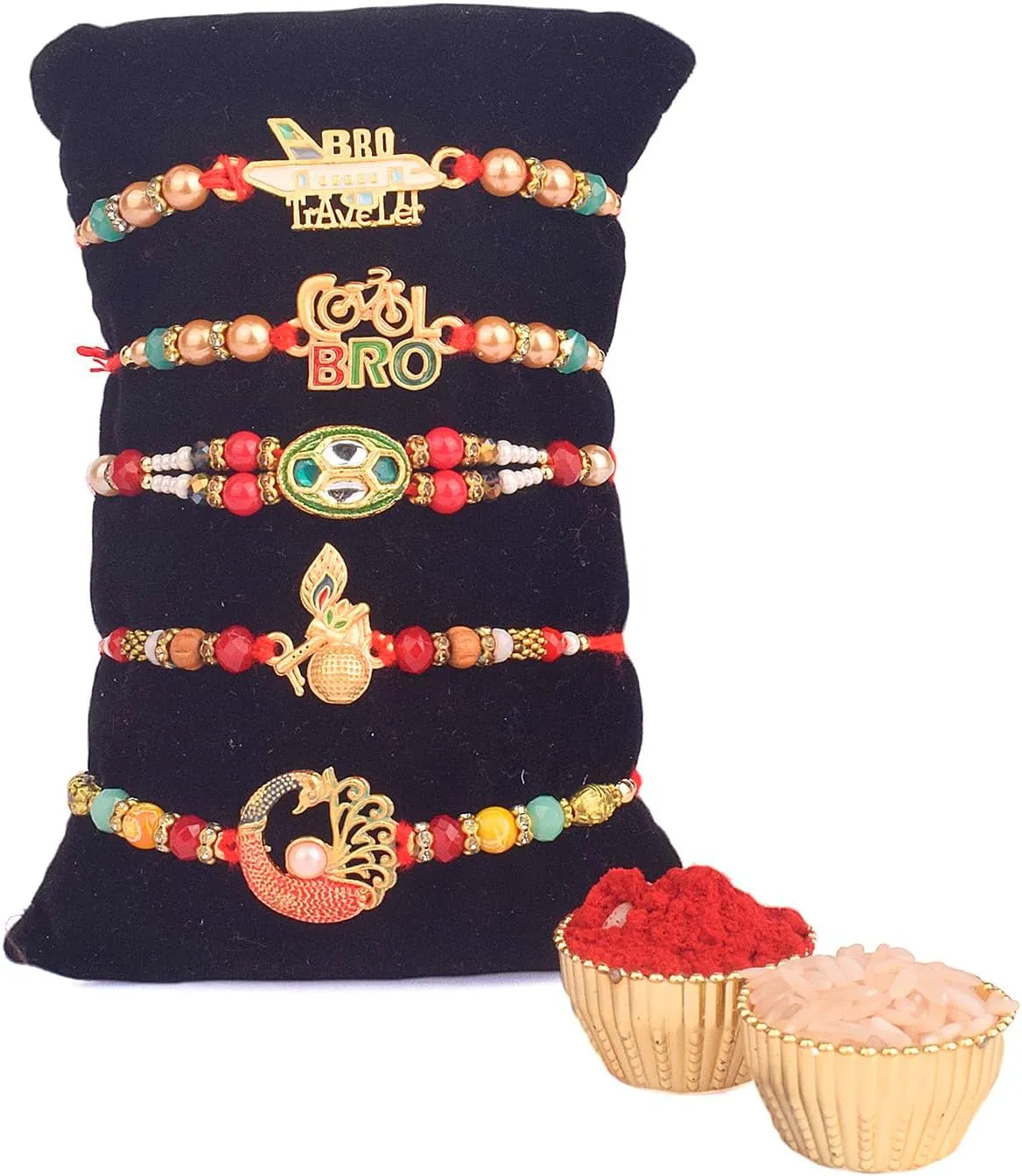 SATVIK 5 Pc Rakhi for Brother Bhaiya Bhabhi Traditional Handmade Assorted Designer Rakhi Set with Puja Plate, Roli Chawal, Greeting Card & Soun Stickers Rakhi Thread Rakhdi Bracelets Rakshabandhan