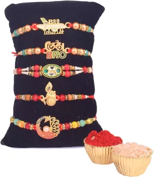 SATVIK 5 Pc Rakhi for Brother Bhaiya Bhabhi Traditional Handmade Assorted Designer Rakhi Set with Puja Plate, Roli Chawal, Greeting Card & Soun Stickers Rakhi Thread Rakhdi Bracelets Rakshabandhan