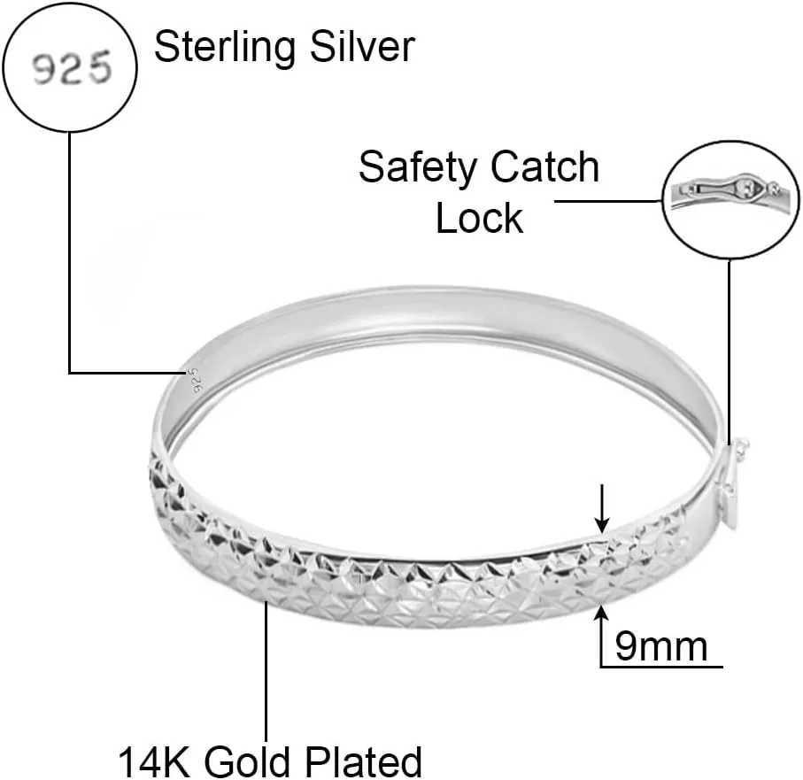 Savlano 925 Sterling Silver 9MM Diamond Cut Bangle Bracelet - 14K Gold Plated 7.5 inch Bracelet for Women Comes with Gift Box - Made in Italy