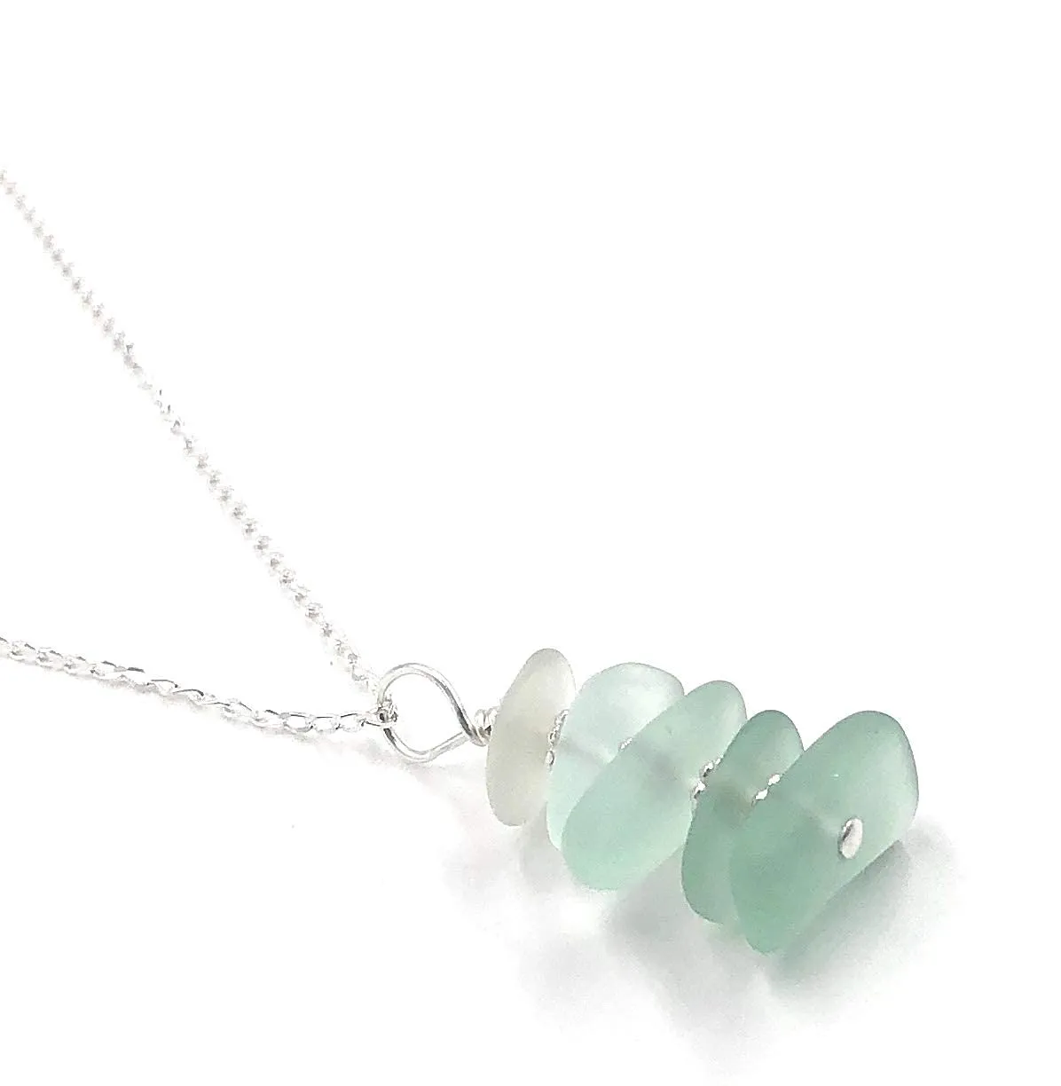 Sea Green Stacked Fade Sea Glass Pendant Necklace on 18 inch Sterling Silver Chain by Aimee Tresor Jewelry