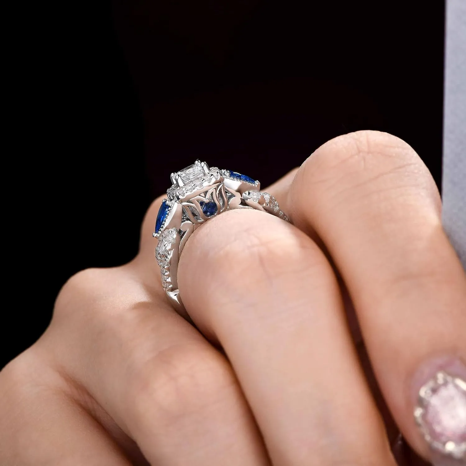 SHELOVES Princess Pear Blue Sapphire Sterling Silver Engagement Ring Wedding Ring Set for Women Sz 5-12