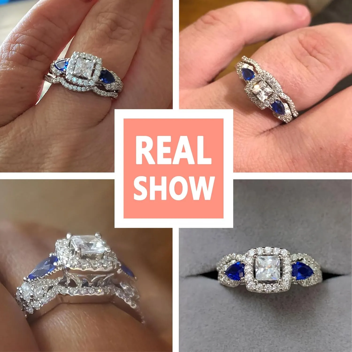 SHELOVES Princess Pear Blue Sapphire Sterling Silver Engagement Ring Wedding Ring Set for Women Sz 5-12