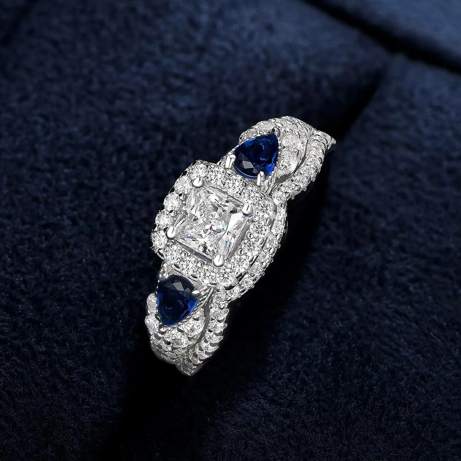 SHELOVES Princess Pear Blue Sapphire Sterling Silver Engagement Ring Wedding Ring Set for Women Sz 5-12