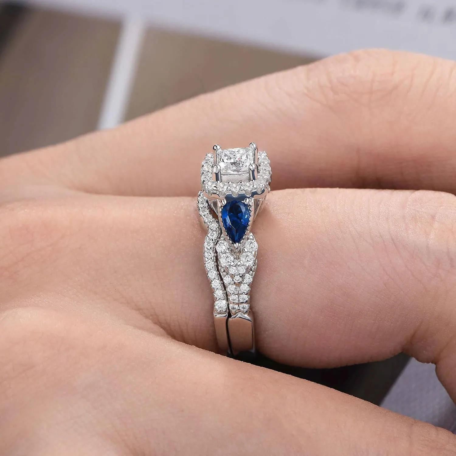 SHELOVES Princess Pear Blue Sapphire Sterling Silver Engagement Ring Wedding Ring Set for Women Sz 5-12