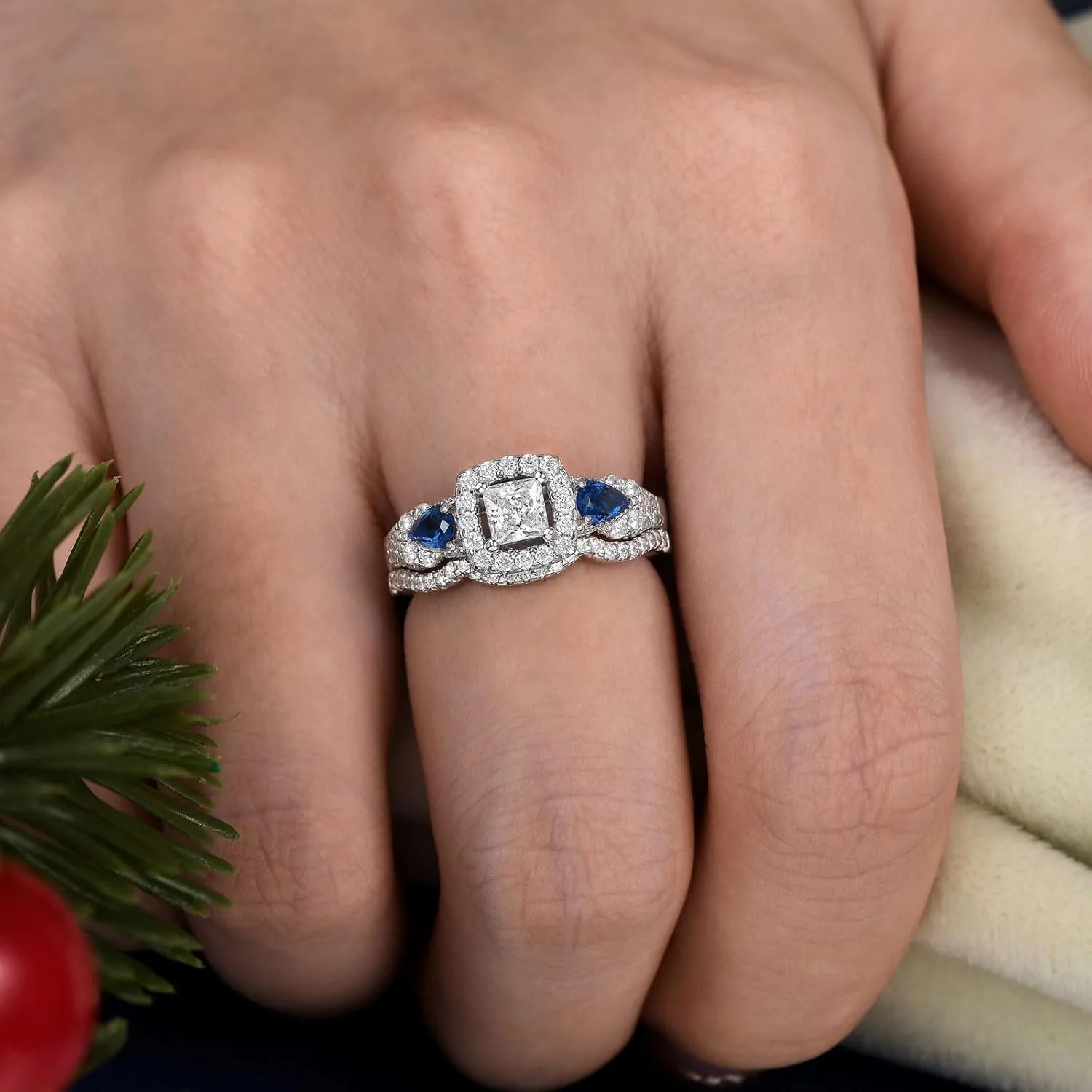 SHELOVES Princess Pear Blue Sapphire Sterling Silver Engagement Ring Wedding Ring Set for Women Sz 5-12