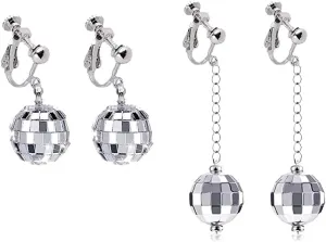 Silver Disco Ball Clip on Earrings 70's Halloween Earrings Women's Costume Accessories