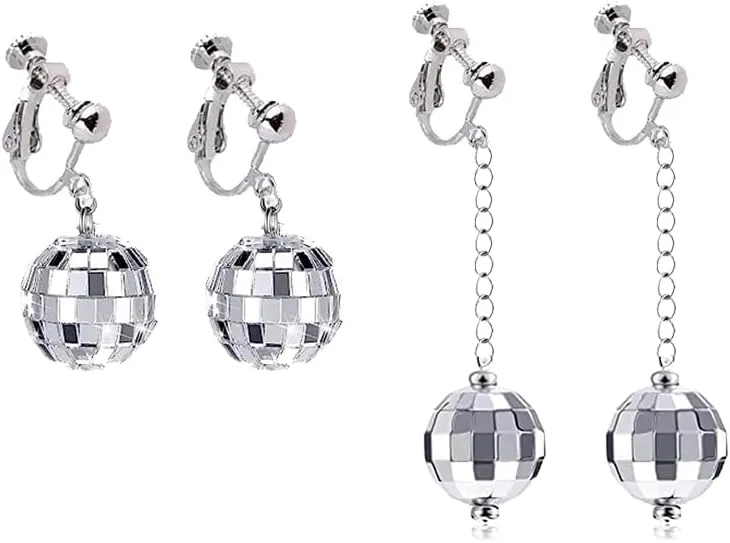 Silver Disco Ball Clip on Earrings 70's Halloween Earrings Women's Costume Accessories
