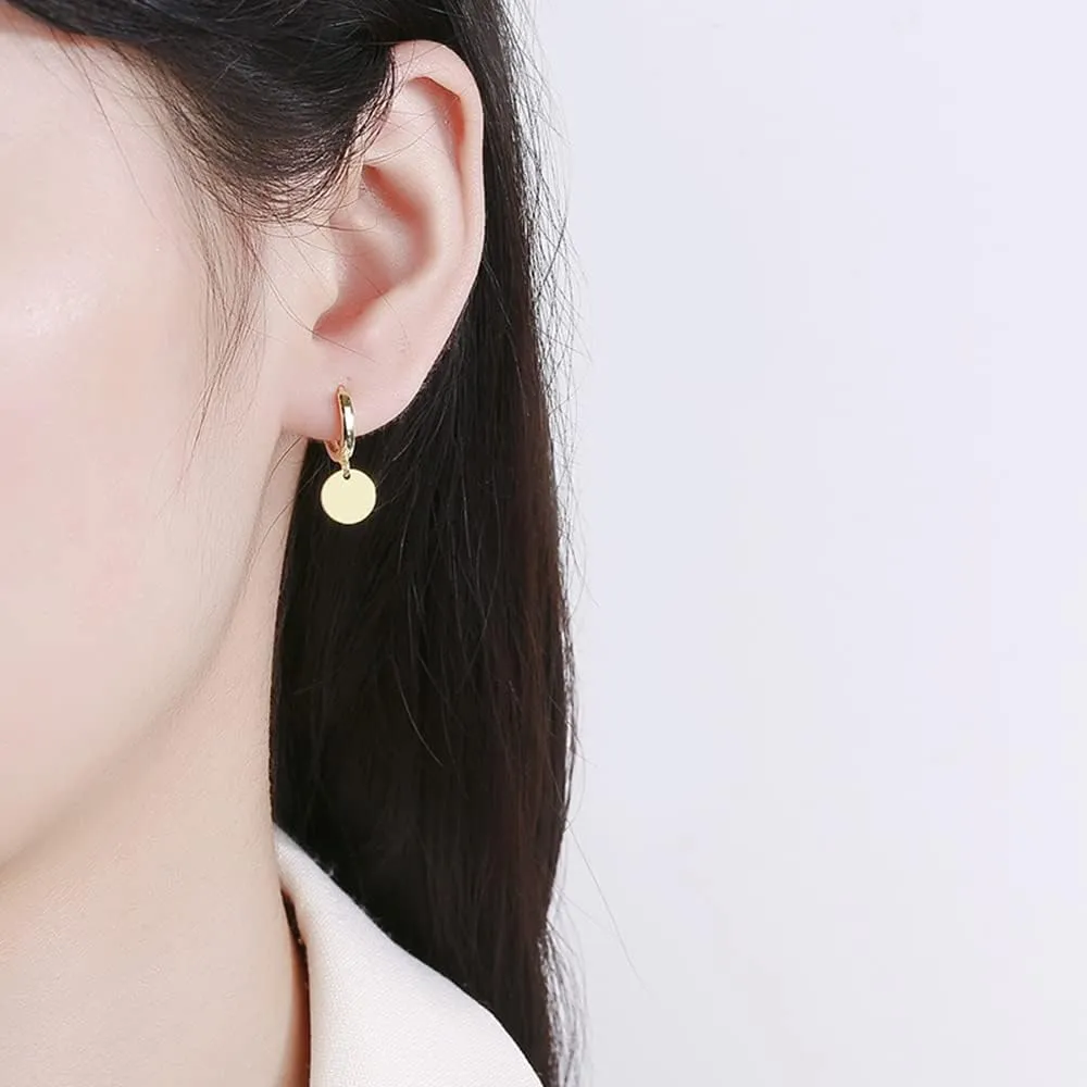 Simple Coin Disc Dangle Hoop Earrings for Women Girls Round Circle Cartilage Earring Small Huggie Hoops Drop Minimalist Jewelry Gifts Hypoallergenic