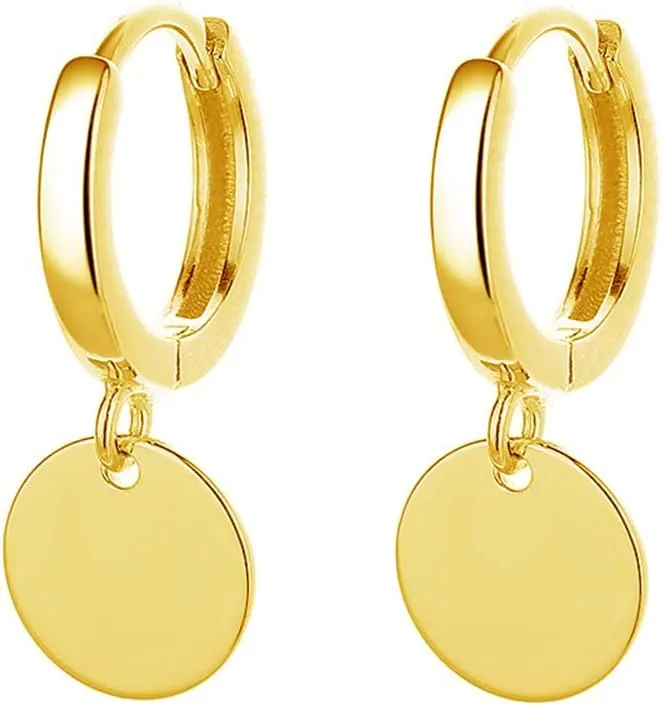 Simple Coin Disc Dangle Hoop Earrings for Women Girls Round Circle Cartilage Earring Small Huggie Hoops Drop Minimalist Jewelry Gifts Hypoallergenic