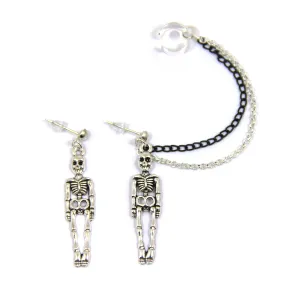 Skeleton ear cuff, HANDMADE Gothic skull earrings, Non pierced ear wrap, Silver double chain ear cuffs, Halloween witch spooky jewelry, Unusual ear jacket for Gothic party, Crypt jewellery