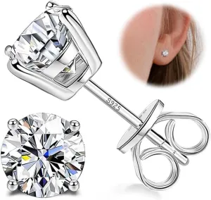 Sllaiss Sterling Silver Cubic Zirconia Stud Earrings for Women Men 14k White Gold Plated Round CZ Earrings for Sensitive Ear (4MM (0.5CT), SILVER)