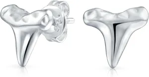 Small Tropical Vacation Ocean Nautical Animal Hawaiian Shark Tooth Stud Earrings, Pendant For Women Teen Hammered Texture .925 Sterling Silver