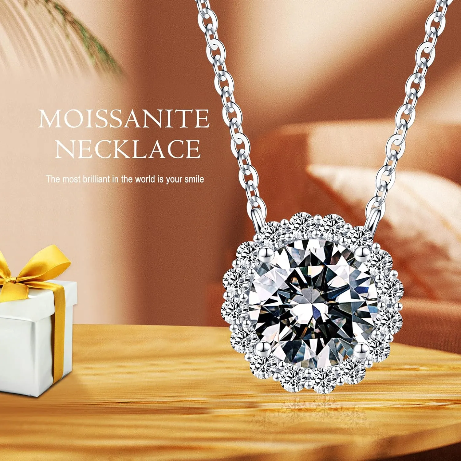 SMILEST 1-1.2ct Moissanite Halo Necklace for Women, D Color VVS1 Clarity, 18K White Yellow Rose Gold Vermeil Pendant for Mom Wife, Birthday Gifts