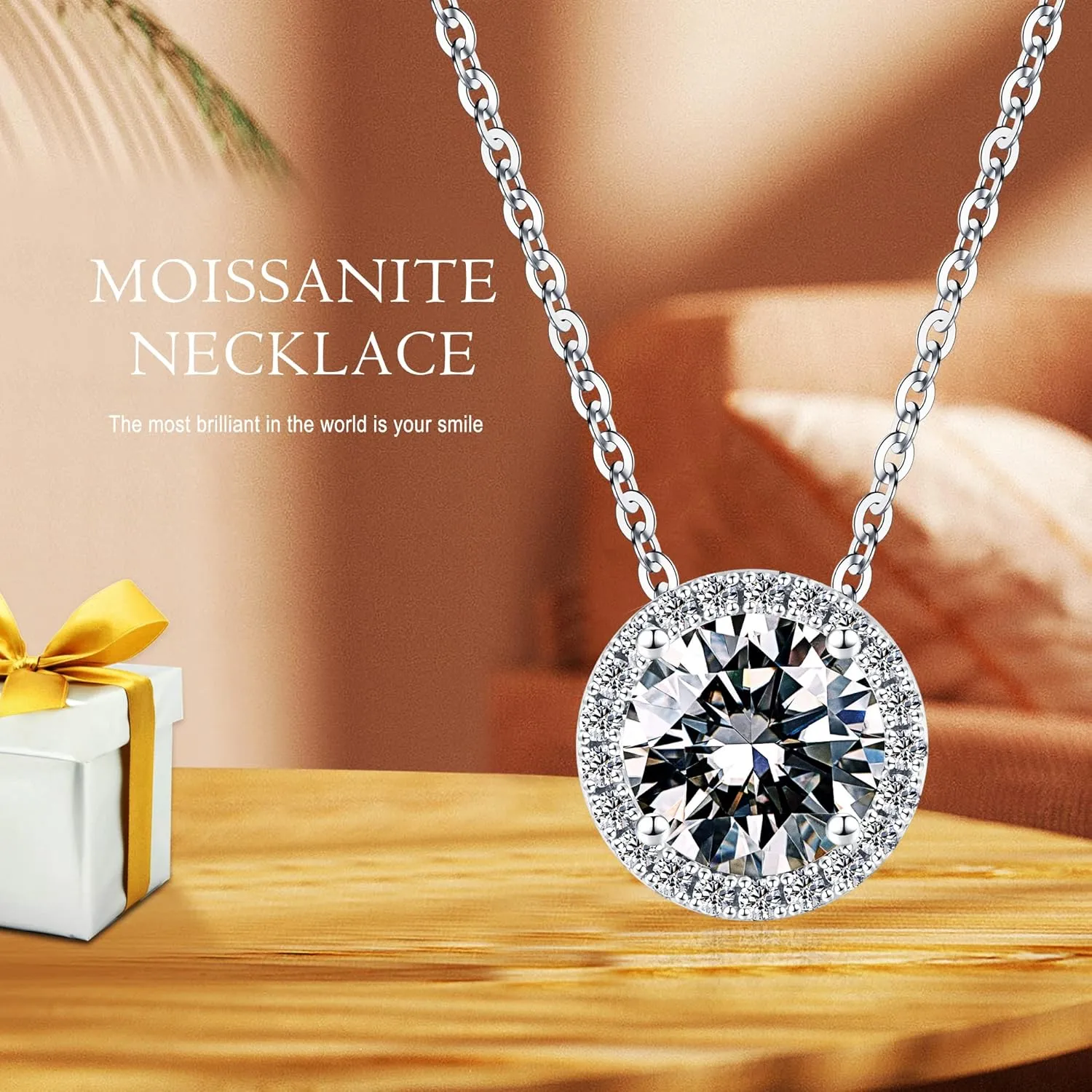 SMILEST 1-1.2ct Moissanite Halo Necklace for Women, D Color VVS1 Clarity, 18K White Yellow Rose Gold Vermeil Pendant for Mom Wife, Birthday Gifts