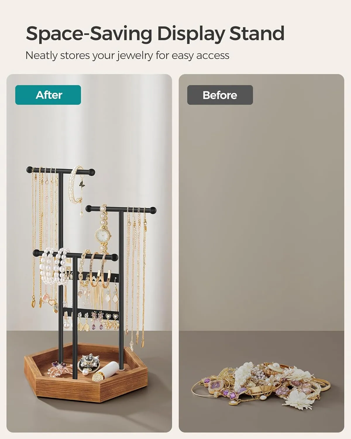 SONGMICS Jewelry Holder, Jewelry Organizer, 3 Tiers and 1 Tray, Jewelry Display Stand with Metal Frame, Necklace Earring Bracelet Holder, for Rings, Ink Black and Caramel Brown UJJS03CB