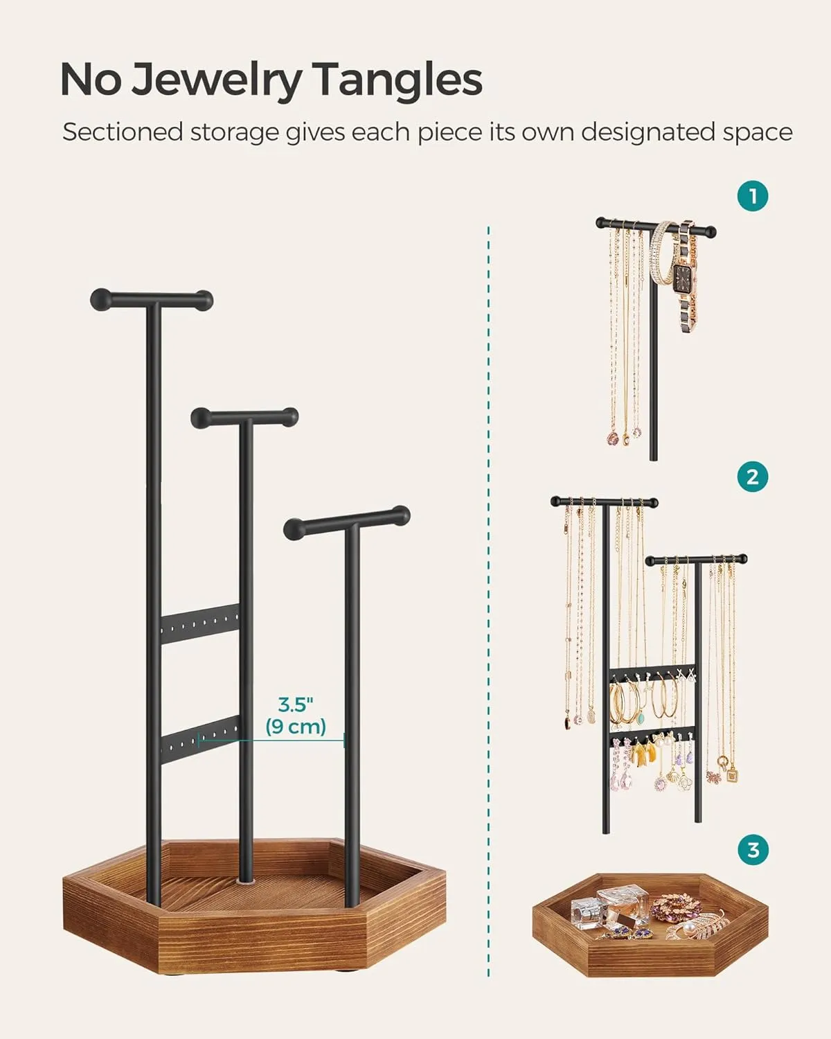 SONGMICS Jewelry Holder, Jewelry Organizer, 3 Tiers and 1 Tray, Jewelry Display Stand with Metal Frame, Necklace Earring Bracelet Holder, for Rings, Ink Black and Caramel Brown UJJS03CB