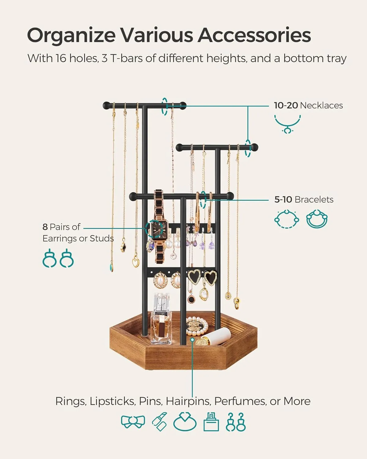SONGMICS Jewelry Holder, Jewelry Organizer, 3 Tiers and 1 Tray, Jewelry Display Stand with Metal Frame, Necklace Earring Bracelet Holder, for Rings, Ink Black and Caramel Brown UJJS03CB