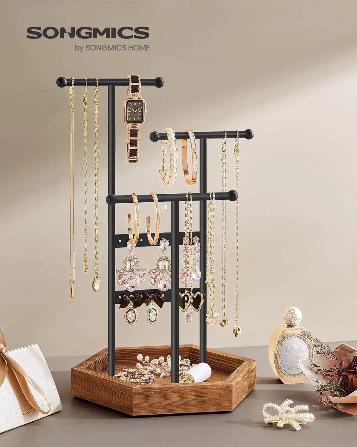 SONGMICS Jewelry Holder, Jewelry Organizer, 3 Tiers and 1 Tray, Jewelry Display Stand with Metal Frame, Necklace Earring Bracelet Holder, for Rings, Ink Black and Caramel Brown UJJS03CB