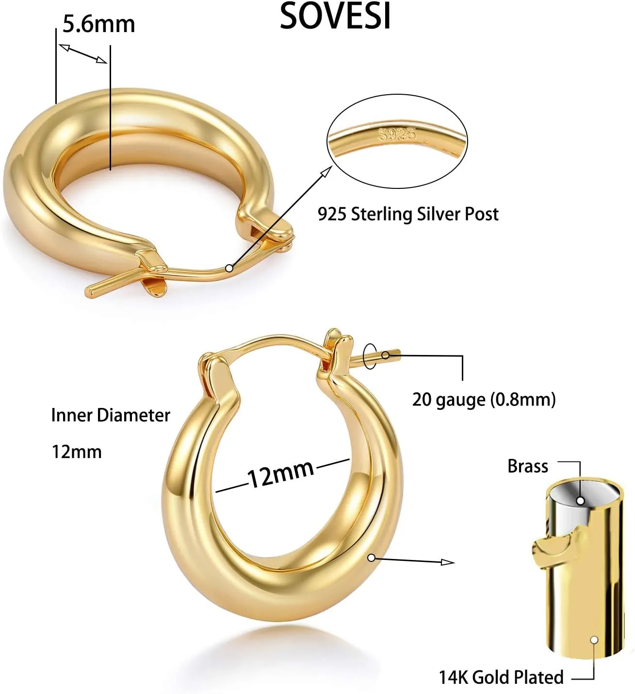 sovesi Chunky Gold Hoop Earrings for Women with 925 Sterling Silver Post, 14K Gold Plated Hoops Earrings