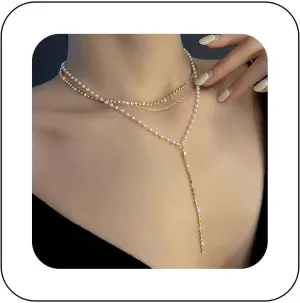 Sparkly Layered Pearl Rhinestone Lariat Necklace Long Rhinestone Y Chain Necklace Gold Pearl Beaded Choker Necklacec Tennis Crystal Y Drop Necklace Jewelry for Women