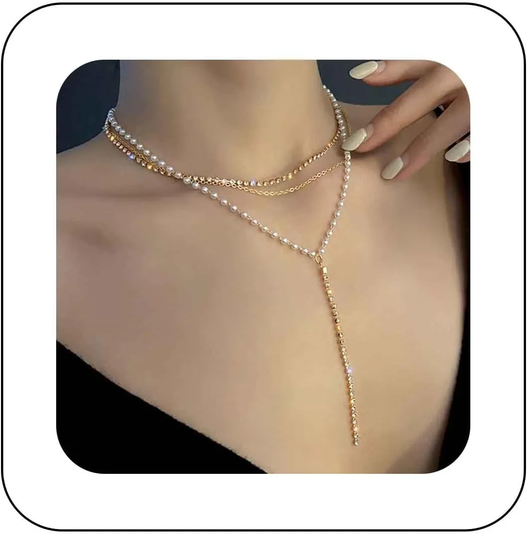 Sparkly Layered Pearl Rhinestone Lariat Necklace Long Rhinestone Y Chain Necklace Gold Pearl Beaded Choker Necklacec Tennis Crystal Y Drop Necklace Jewelry for Women