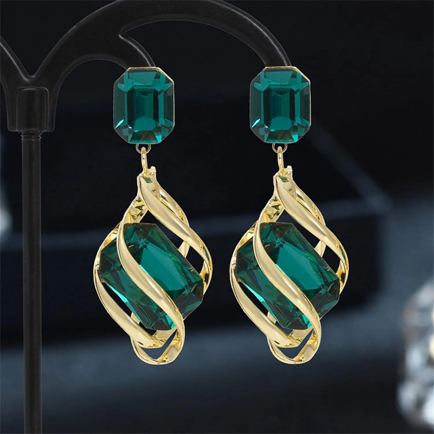 Square Crystal Stud Earrings for Women Spiral Twist Gold Alloy Fancy Big Rectangle Crystal Statement Earrings Infinity Love Prom Pageant Jewelry Birthday Gift for Women