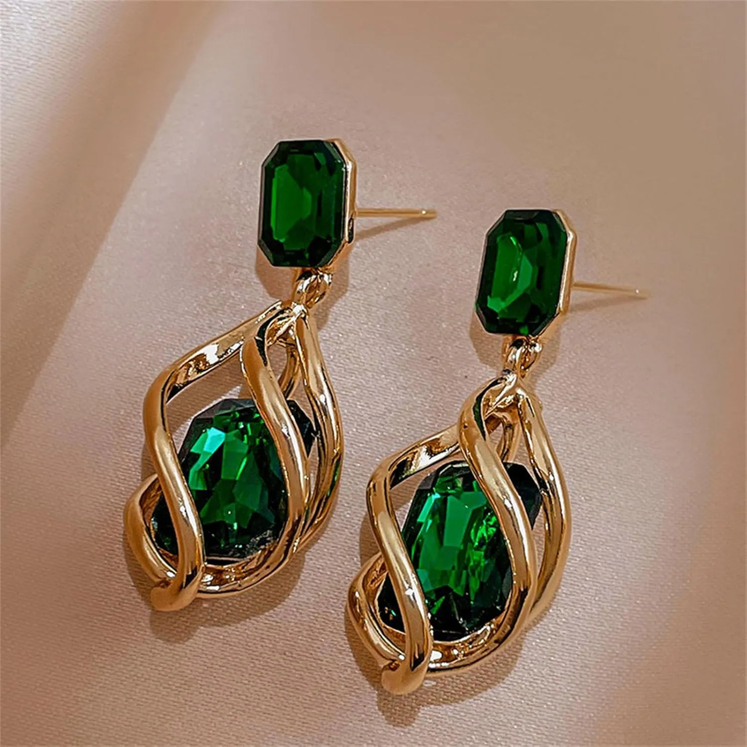Square Crystal Stud Earrings for Women Spiral Twist Gold Alloy Fancy Big Rectangle Crystal Statement Earrings Infinity Love Prom Pageant Jewelry Birthday Gift for Women