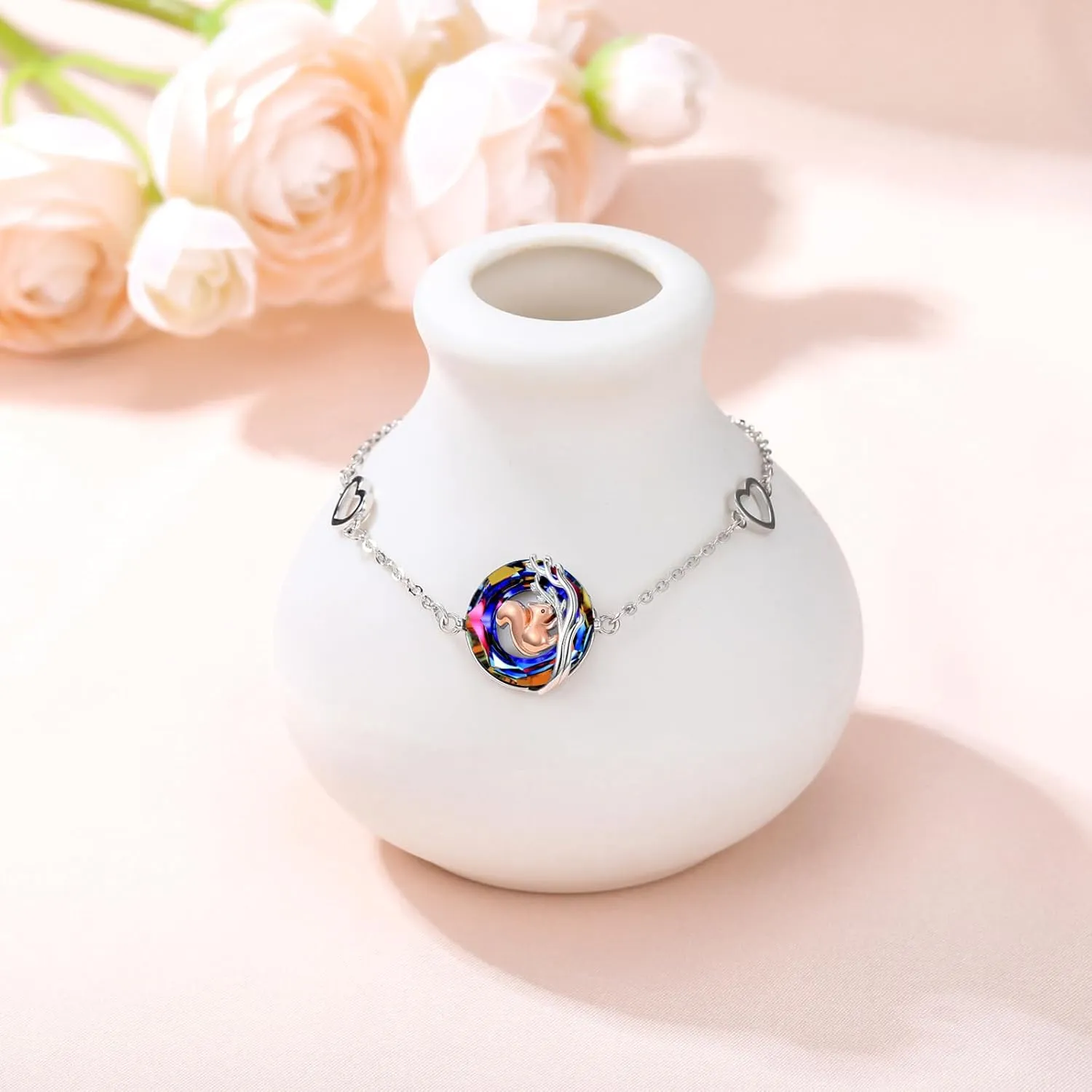 Squirrel Bracelet Women 925 Sterling Silver Tree of Life Squirrel Bracelet Adjustable With Crystal Animal Jewelry Gift for Women