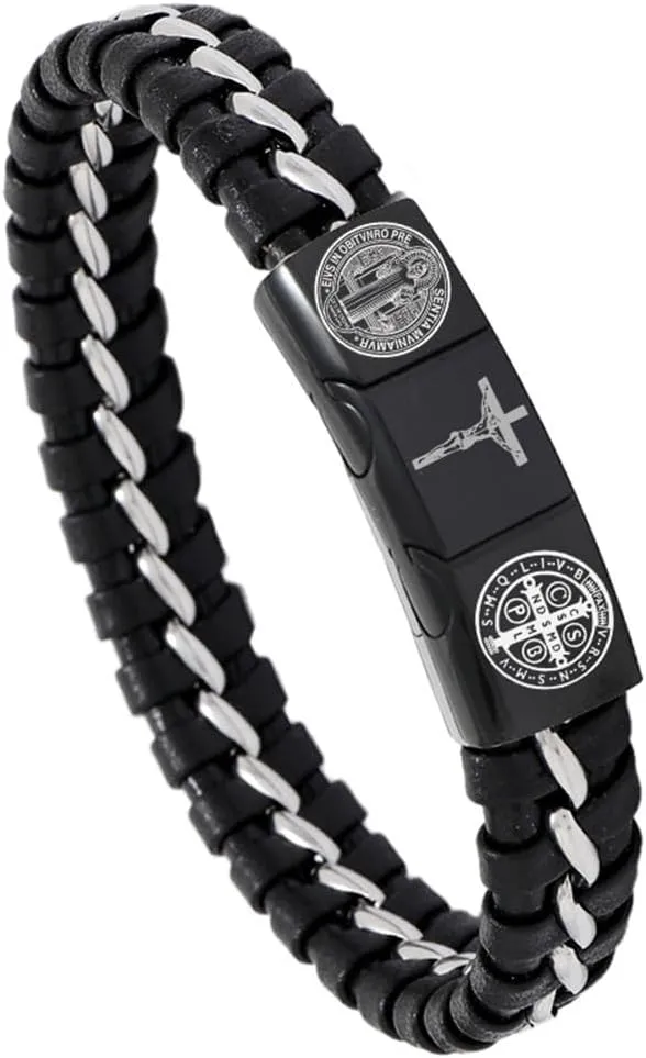 St. Benedict Crucifix Cross Bracelet for Men,Handmade Saint Benedict Jesus Cross Cuff Bracelets Exorcism Cross of Saint Religious Jewelry Miraculous Medal Catholic Gift for Him,8'' / 8.8''