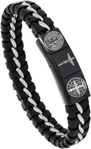 St. Benedict Crucifix Cross Bracelet for Men,Handmade Saint Benedict Jesus Cross Cuff Bracelets Exorcism Cross of Saint Religious Jewelry Miraculous Medal Catholic Gift for Him,8'' / 8.8''